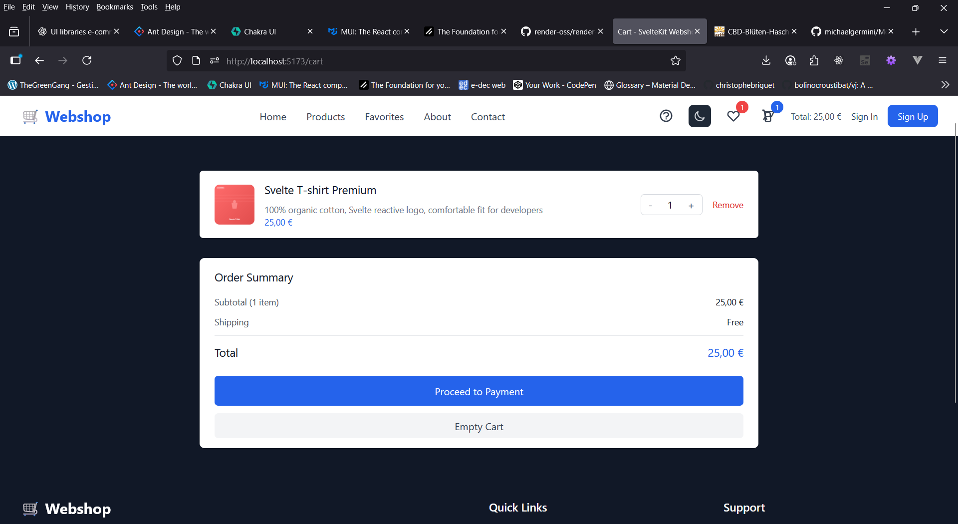 Shopping cart with item management and checkout