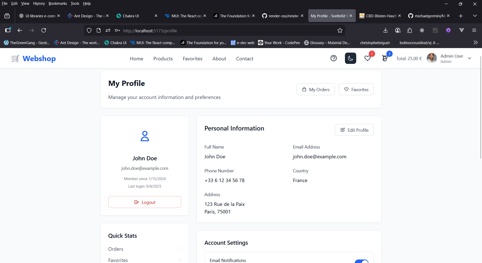 User profile page with account management